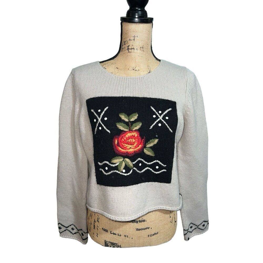 Wool Blend Cropped Boxy Tan Crochet Details Sweater Made In Italy XL‎